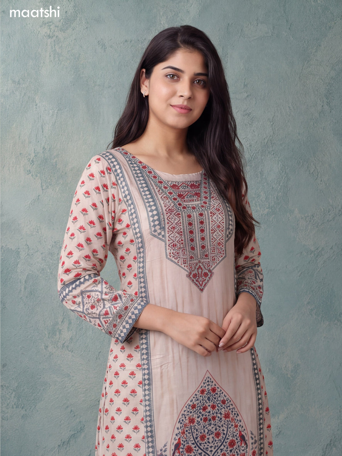 Cream and Teal Green Crepe Silk Floral Printed & Embroidery Work Straight Suit