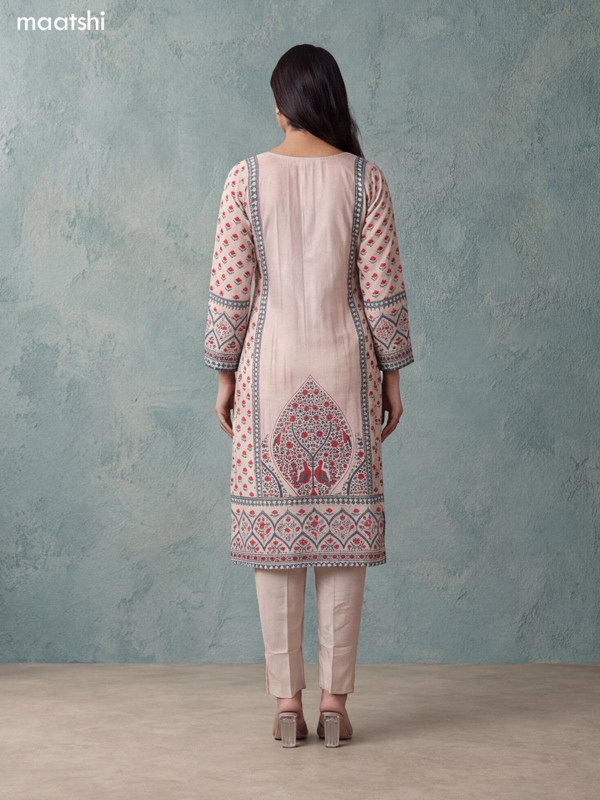 Cream and Teal Green Crepe Silk Floral Printed & Embroidery Work Straight Suit