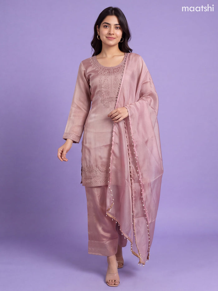 Peach Pink Tissue Heavy Embroidery Work Straight Suit