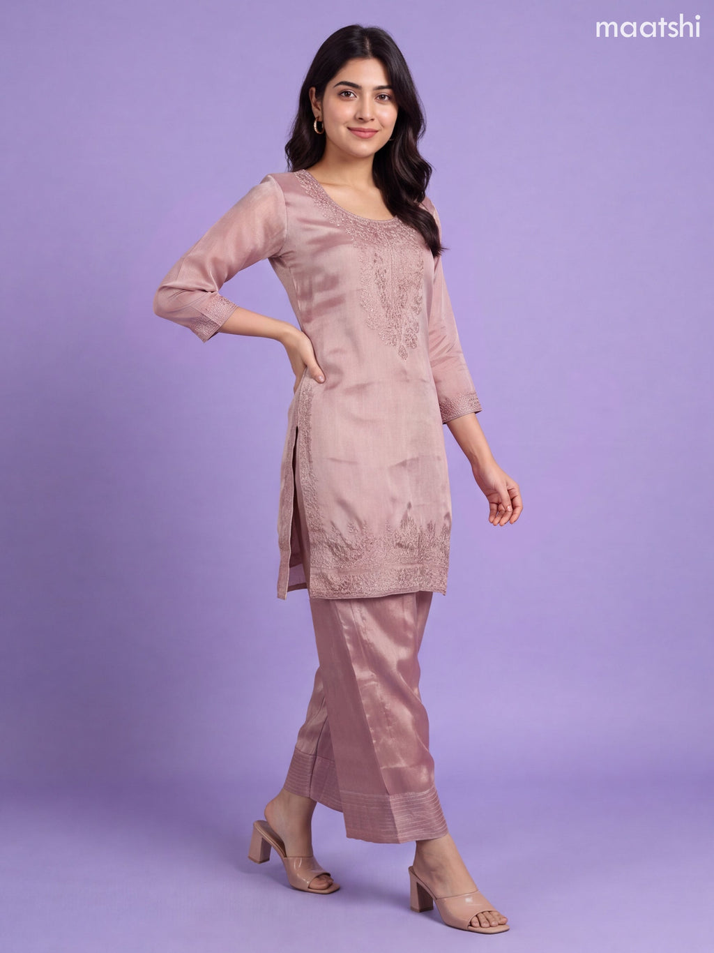 Peach Pink Tissue Heavy Embroidery Work Straight Suit