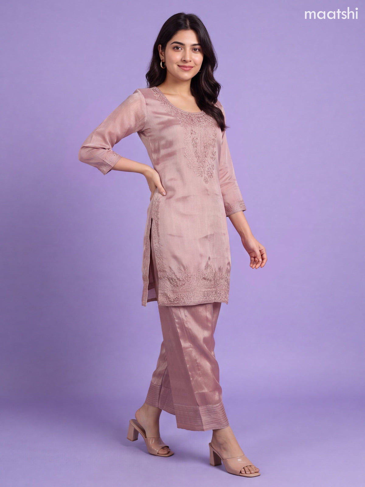 Peach Pink Tissue Heavy Embroidery Work Straight Suit