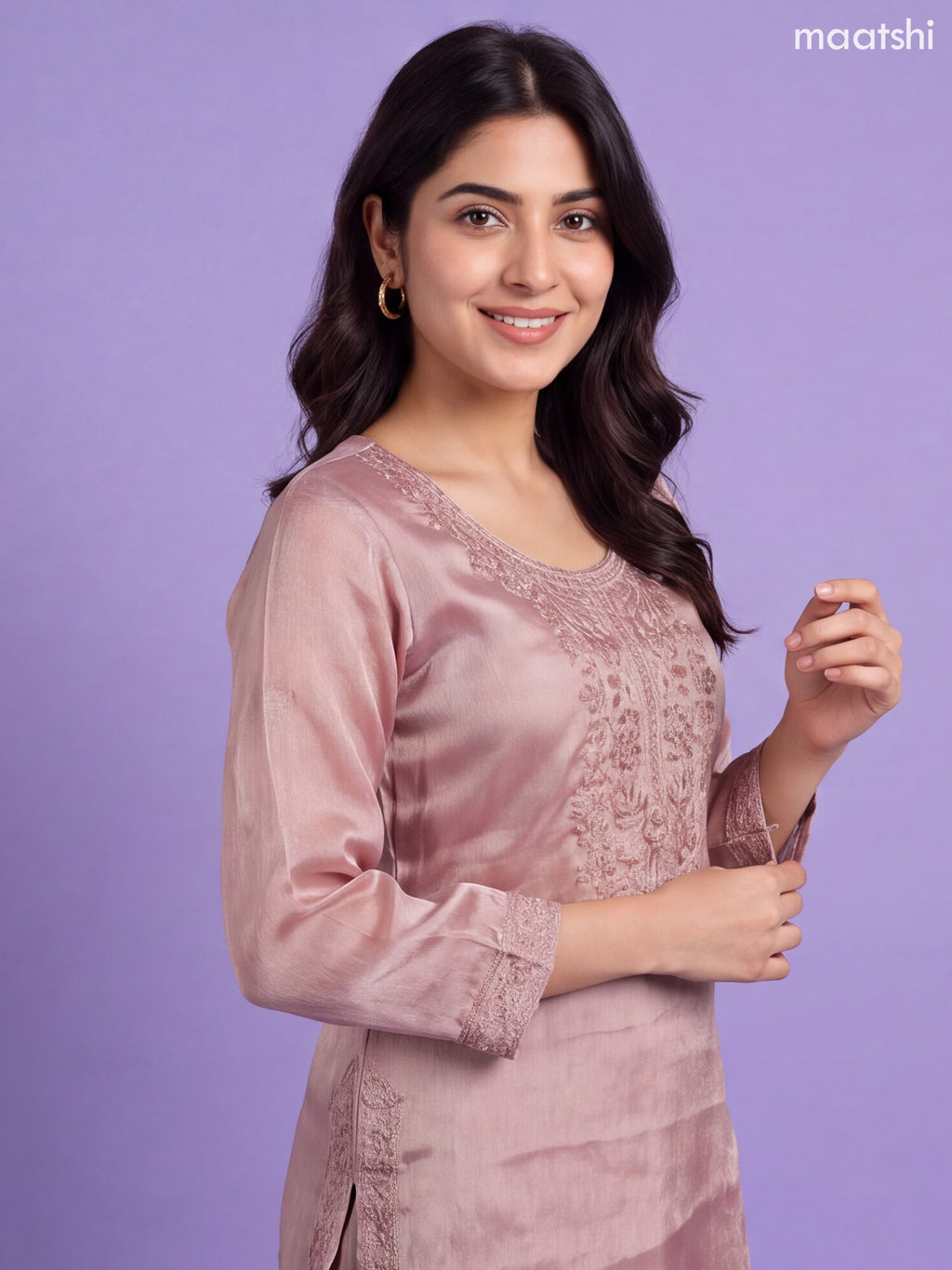 Peach Pink Tissue Heavy Embroidery Work Straight Suit