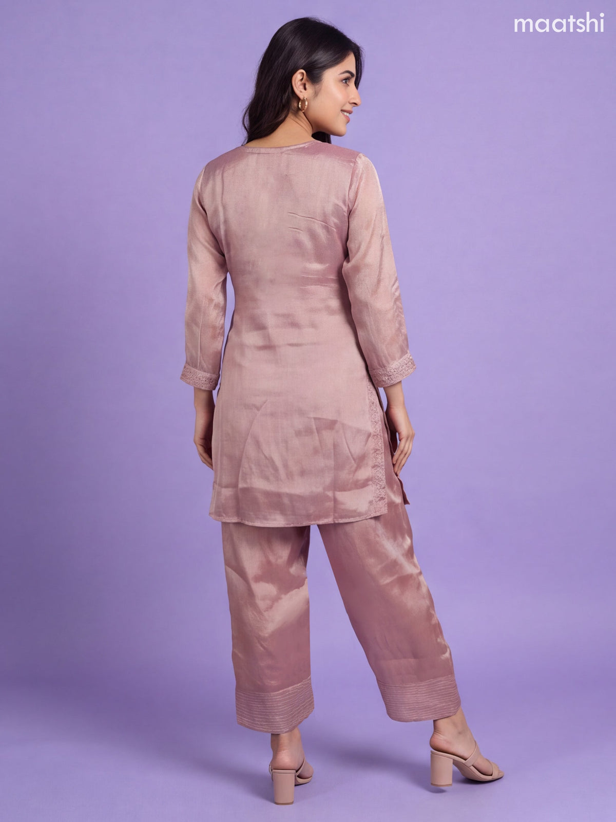Peach Pink Tissue Heavy Embroidery Work Straight Suit