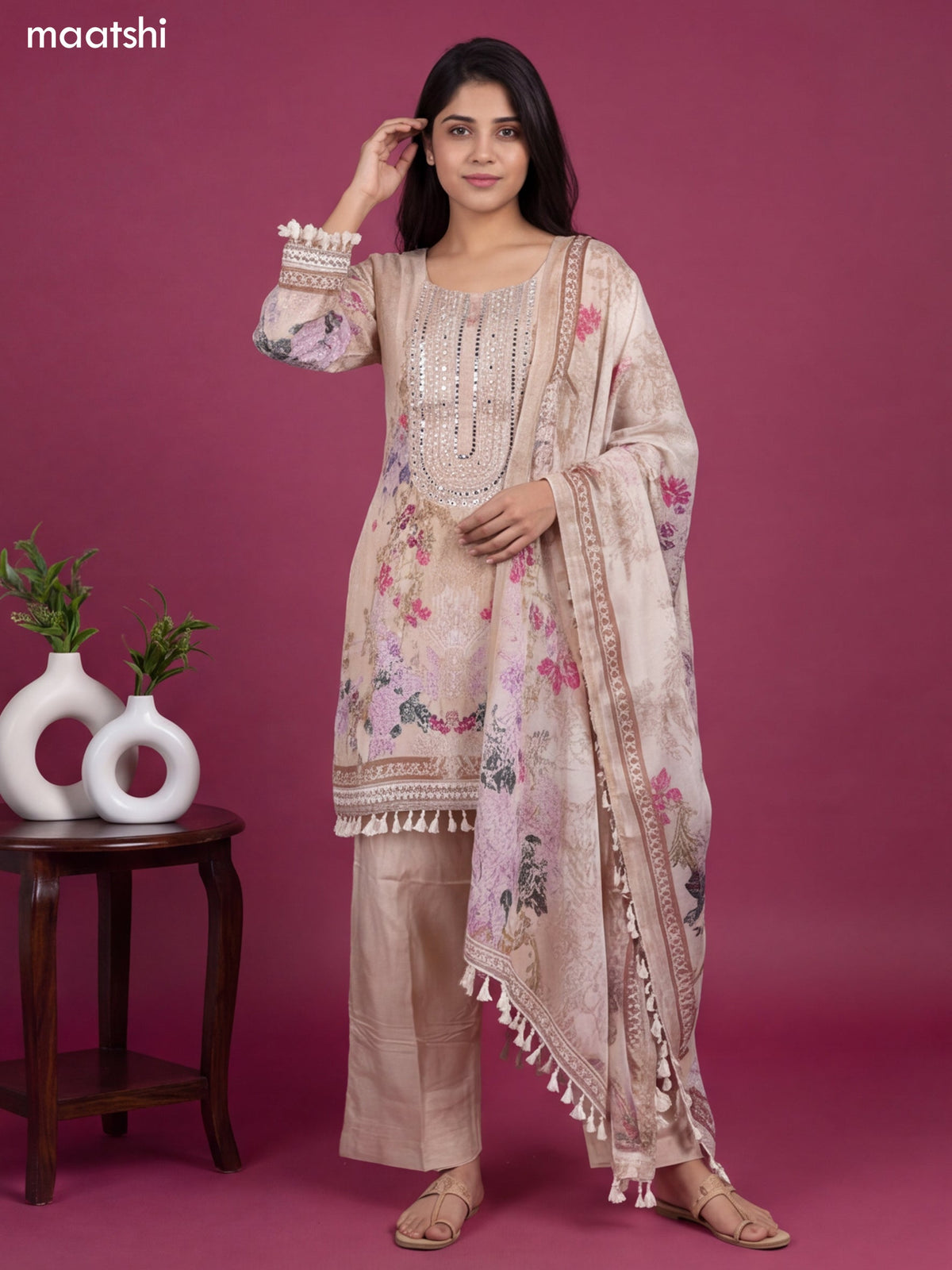 Cream Crepe Silk Floral Printed & Pearl Embroidery Work Straight Suit