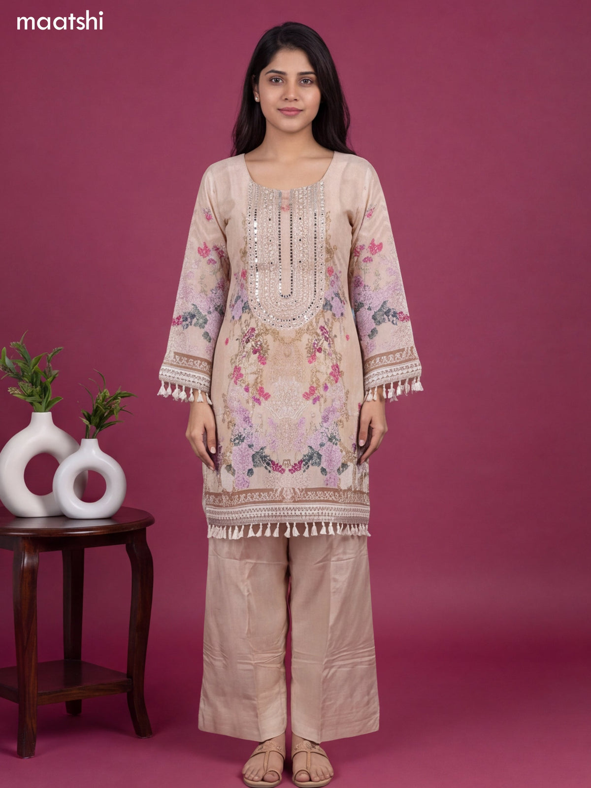 Cream Crepe Silk Floral Printed & Pearl Embroidery Work Straight Suit