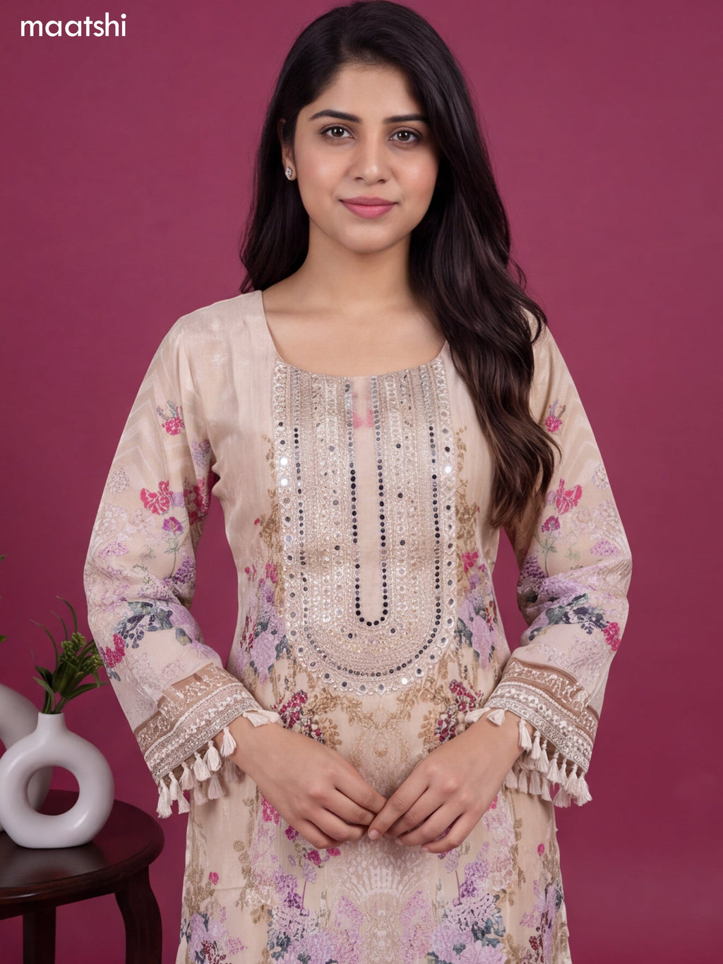 Cream Crepe Silk Floral Printed & Pearl Embroidery Work Straight Suit