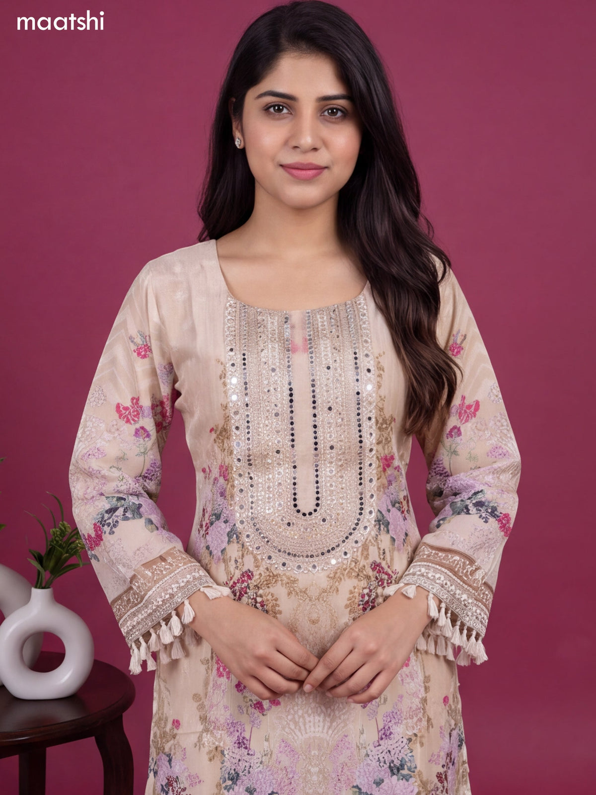 Cream Crepe Silk Floral Printed & Pearl Embroidery Work Straight Suit