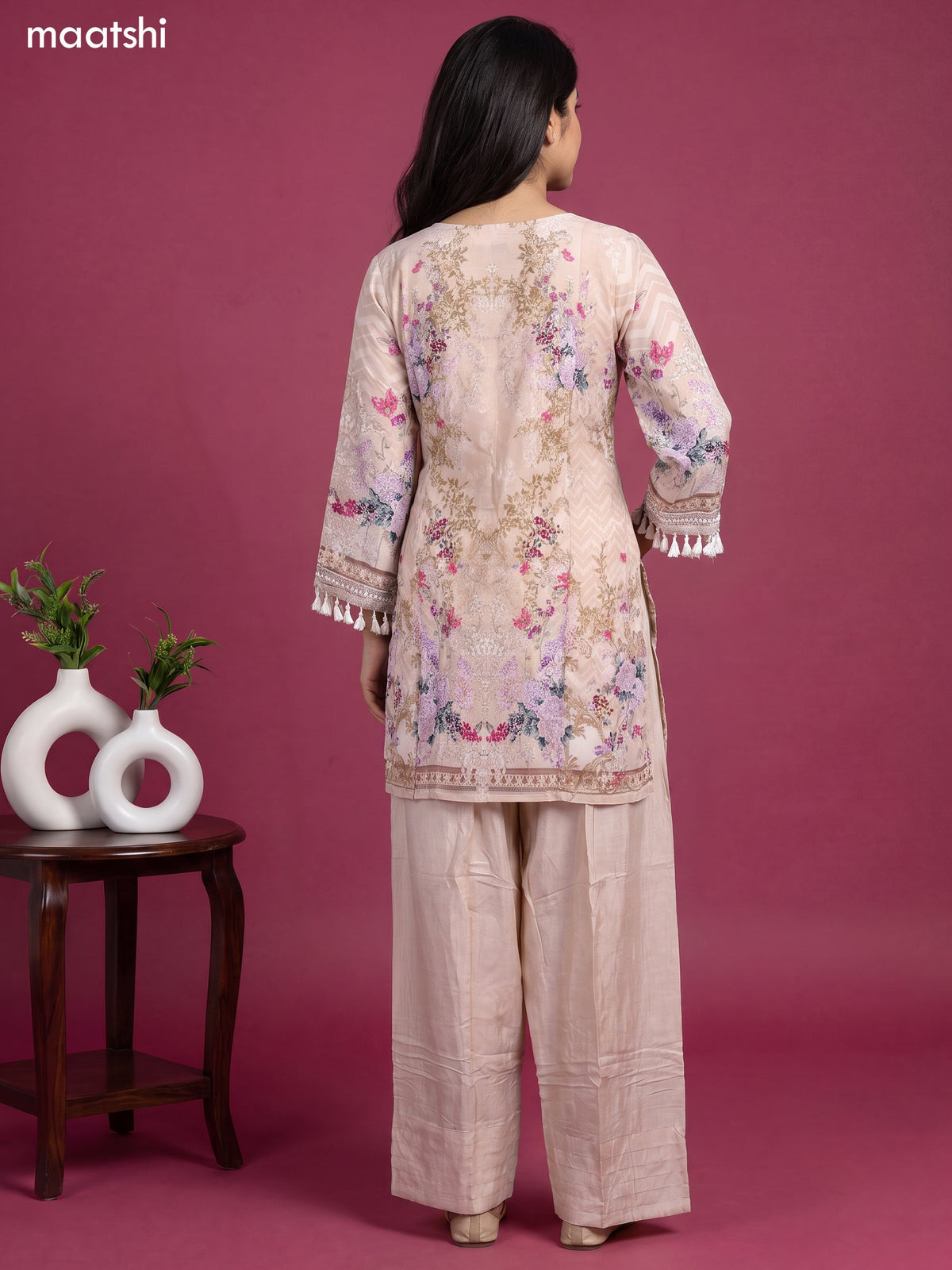 Cream Crepe Silk Floral Printed & Pearl Embroidery Work Straight Suit