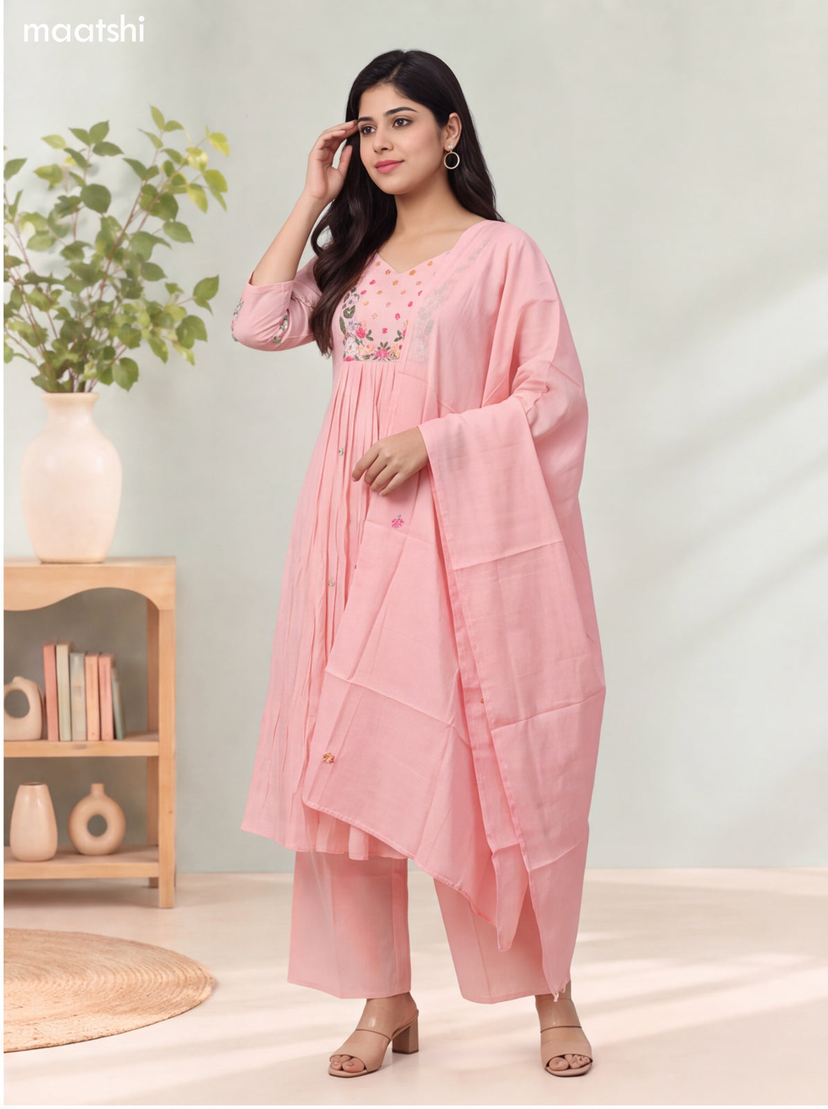 Baby Pink Mul Chanderi Embroidery Work Anarkali Suit