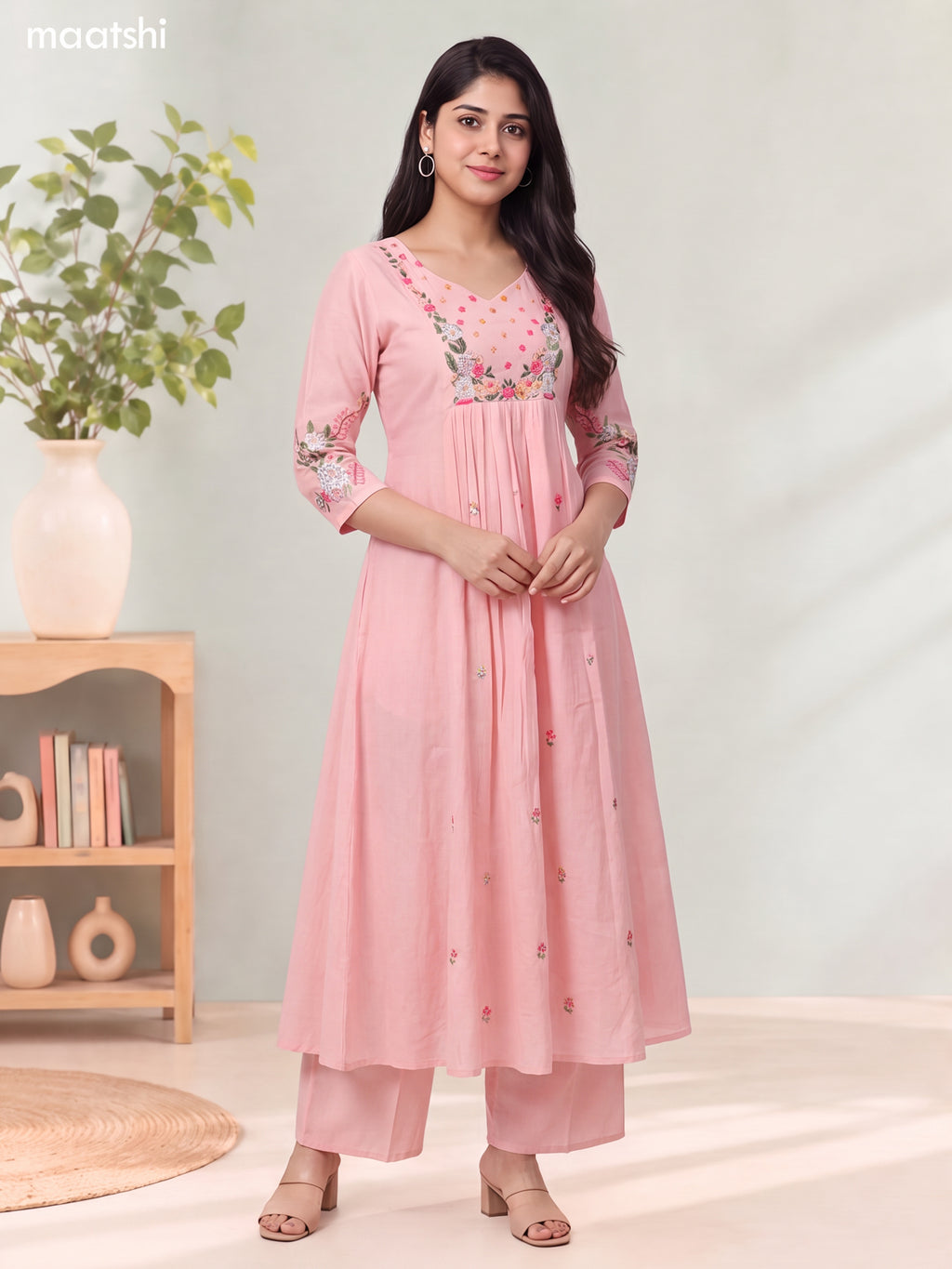 Baby Pink Mul Chanderi Embroidery Work Anarkali Suit