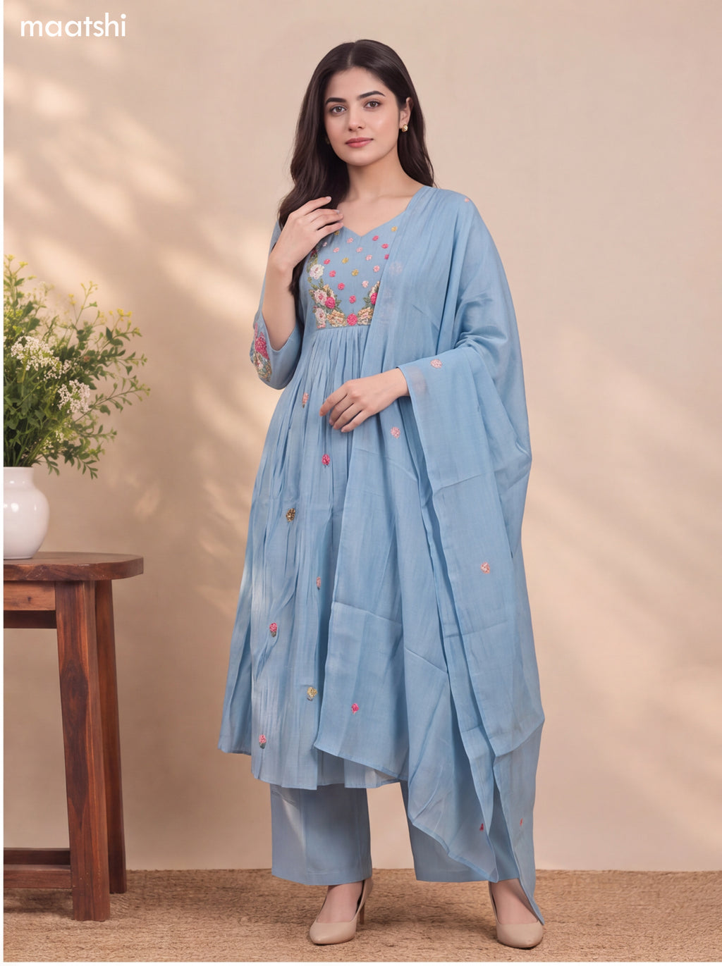 Pastel Blue Mul Chanderi Embroidery Work Anarkali Suit