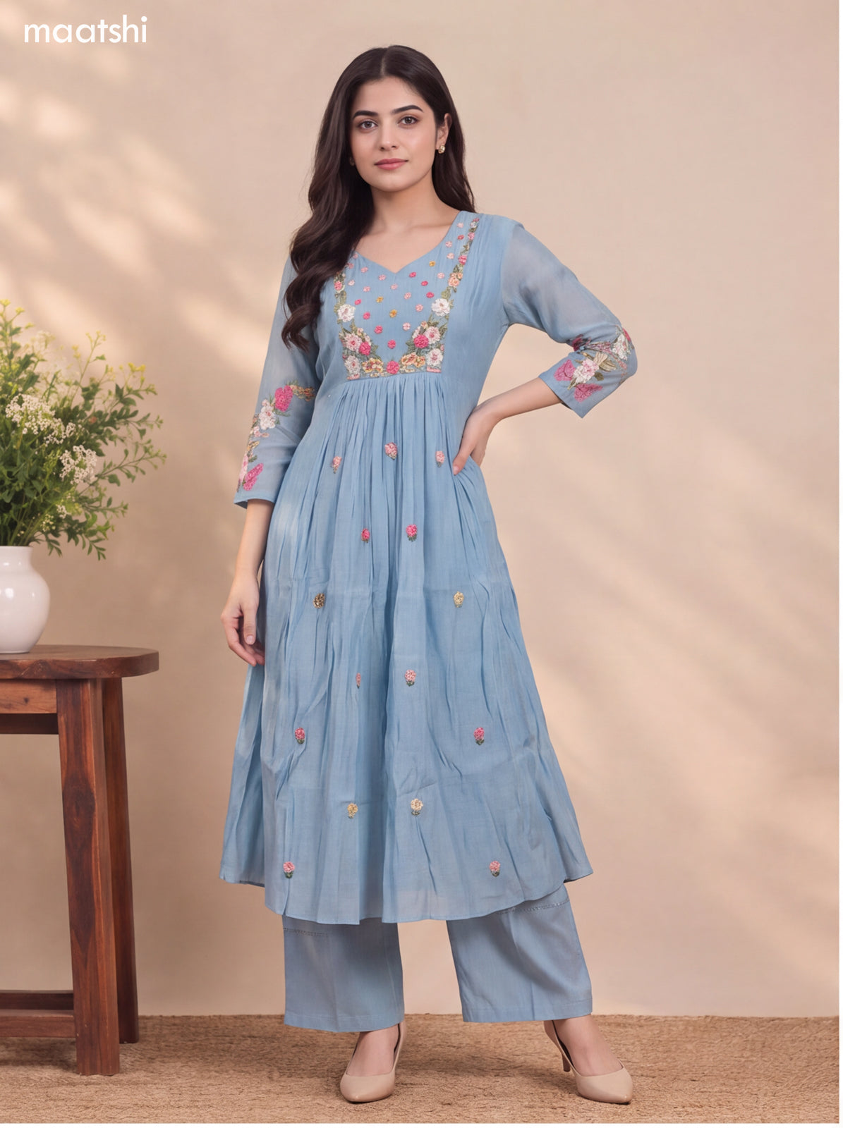 Pastel Blue Mul Chanderi Embroidery Work Anarkali Suit