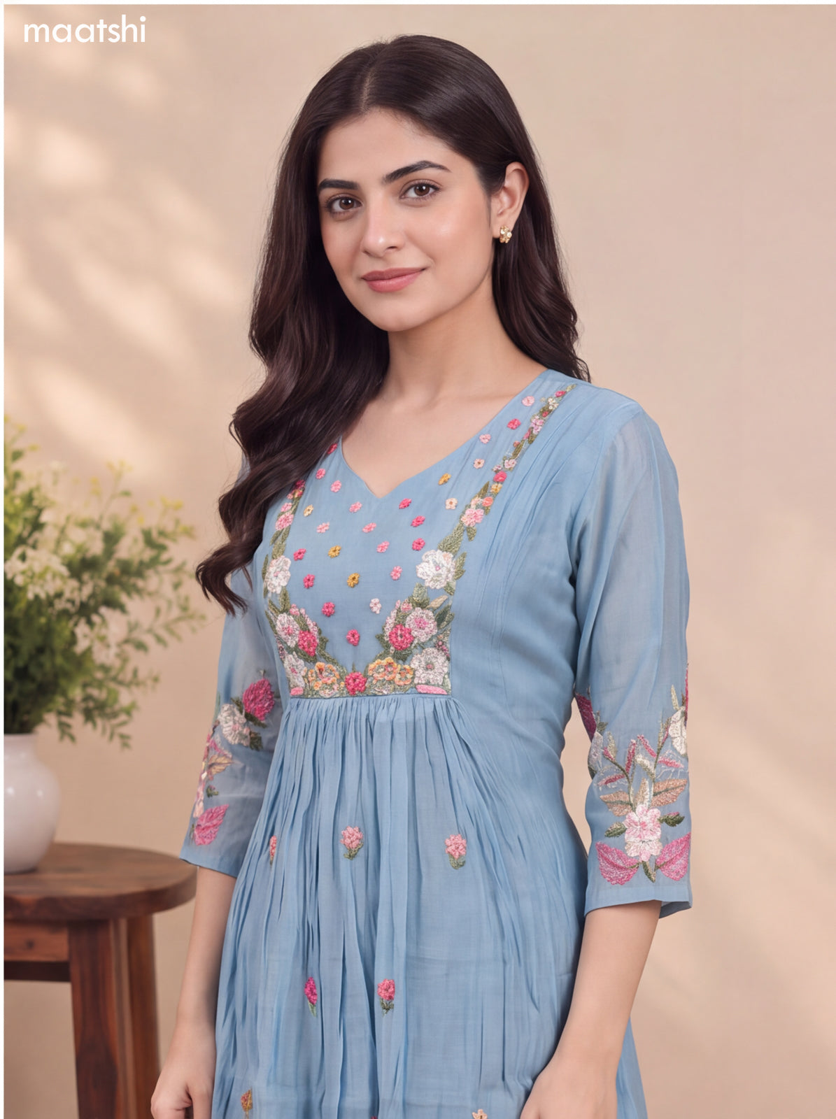 Pastel Blue Mul Chanderi Embroidery Work Anarkali Suit