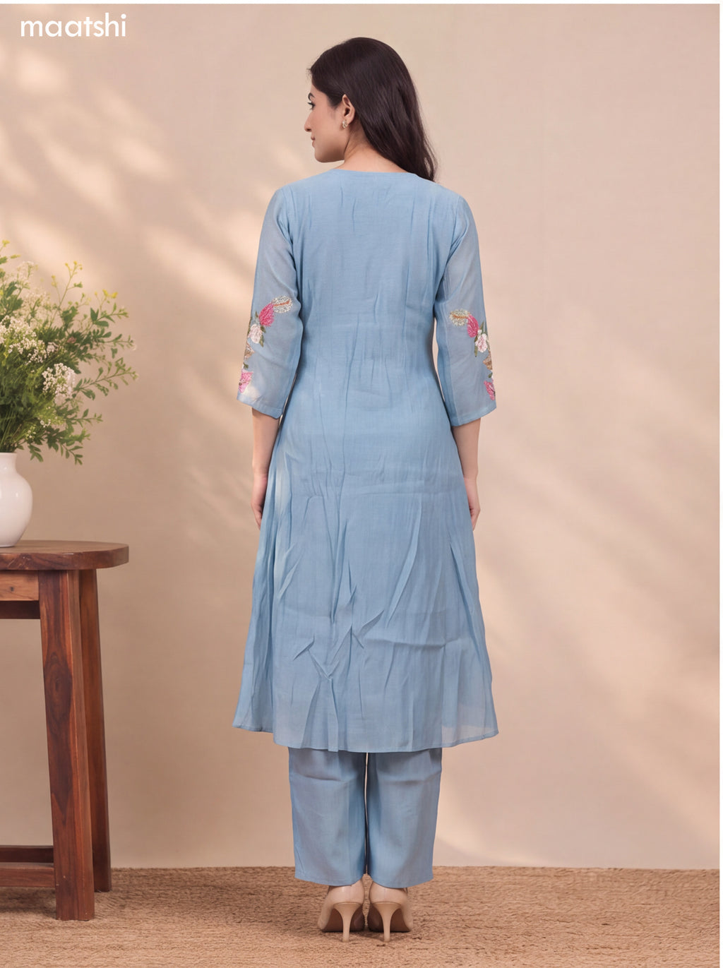 Pastel Blue Mul Chanderi Embroidery Work Anarkali Suit