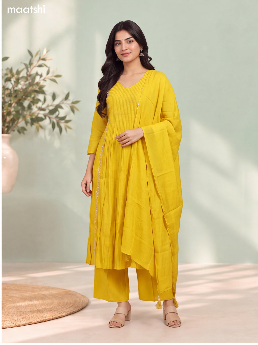 Yellow Mul Chanderi Embroidery Work Anarkali Suit