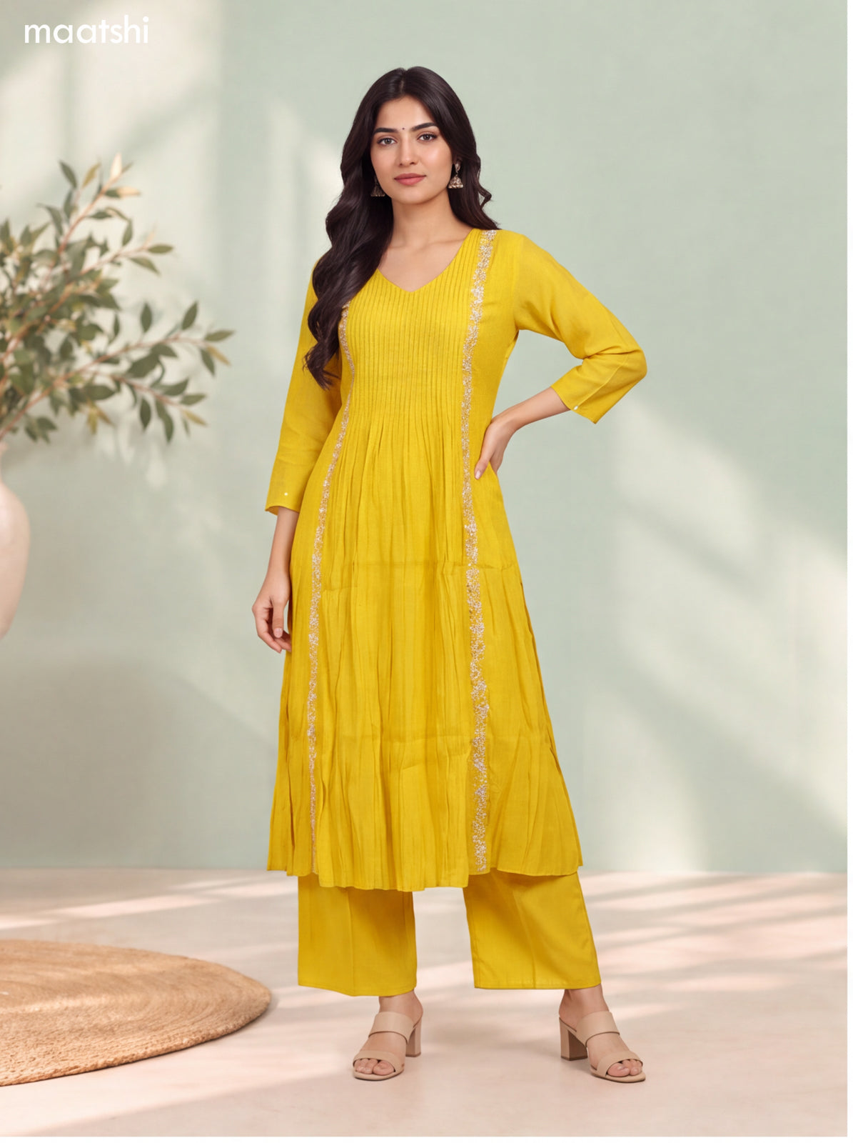 Yellow Mul Chanderi Embroidery Work Anarkali Suit