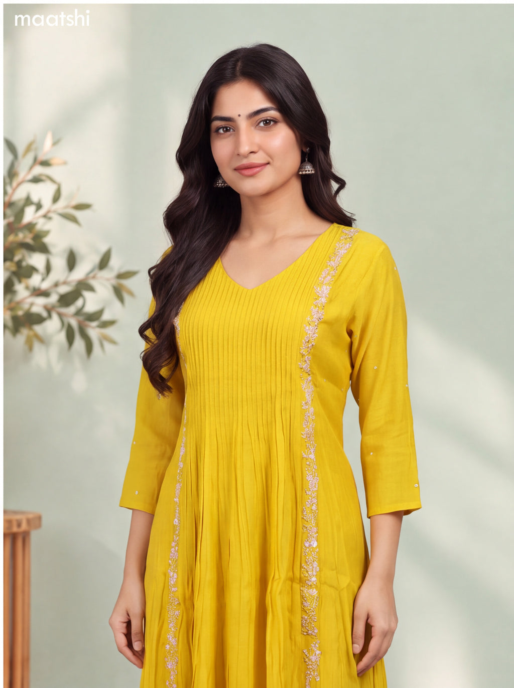 Yellow Mul Chanderi Embroidery Work Anarkali Suit