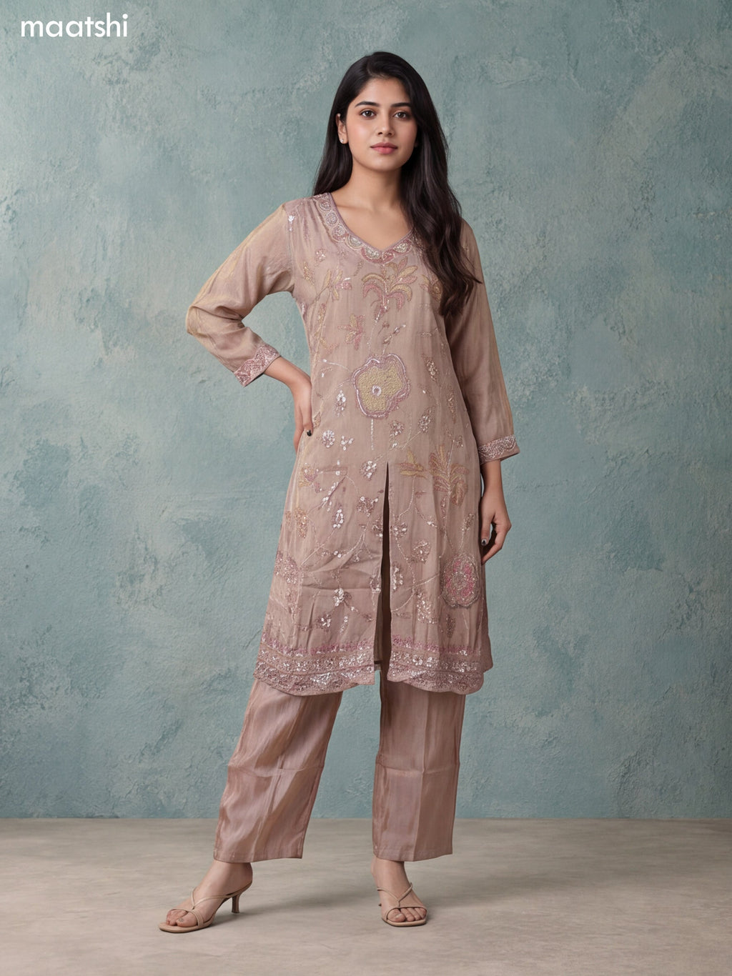 Beige Tissue Heavy Embroidery Work Anarkali Suit