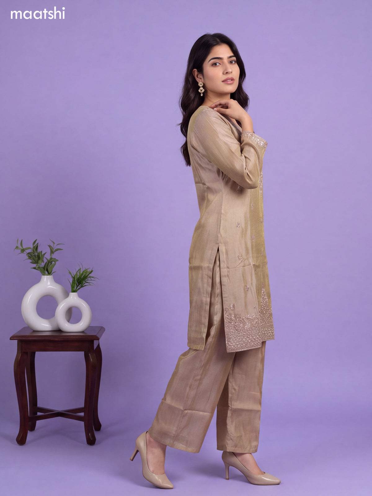 Biege Tissue Embroidery Work Straight Suit