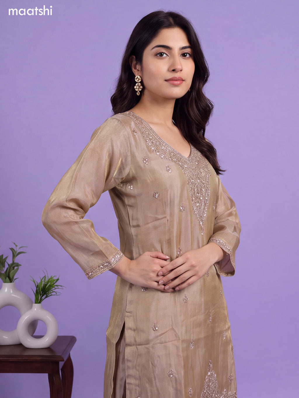 Biege Tissue Embroidery Work Straight Suit