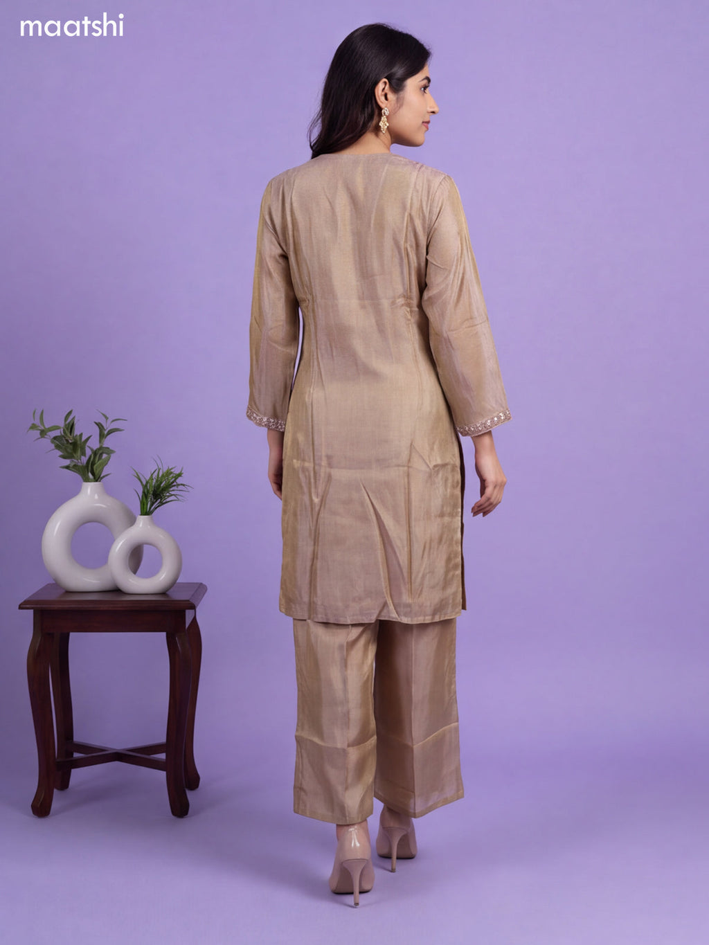 Biege Tissue Embroidery Work Straight Suit