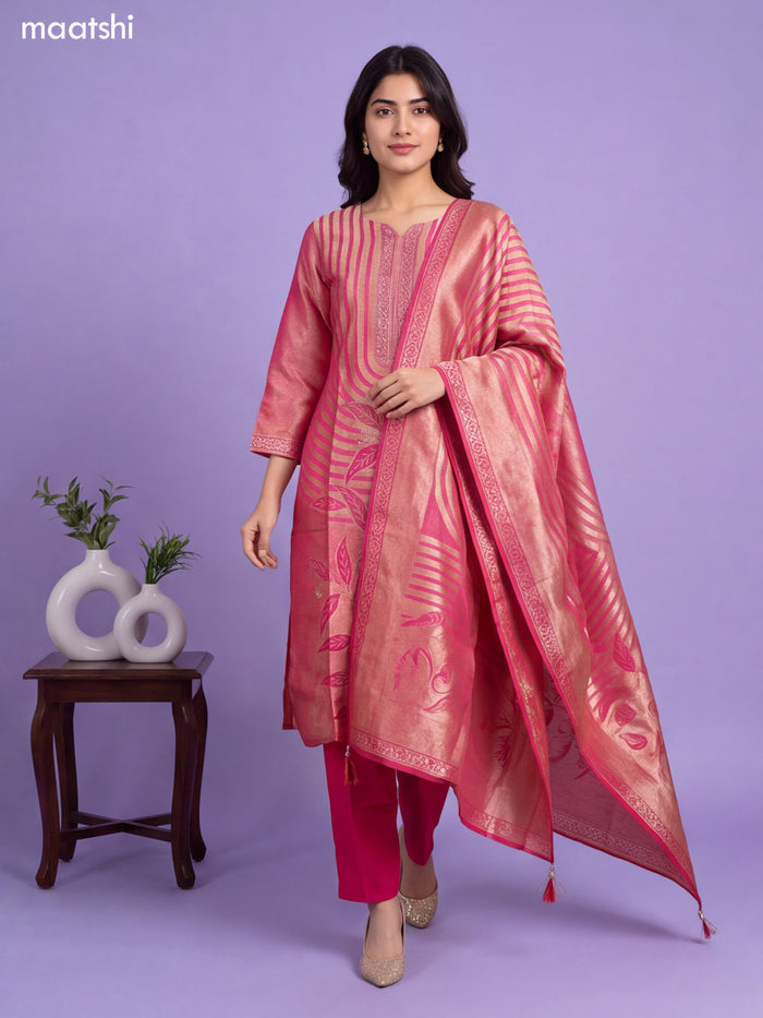 Rani Pink Tissue Embroidery Work & Banarasi Style Straight Suit
