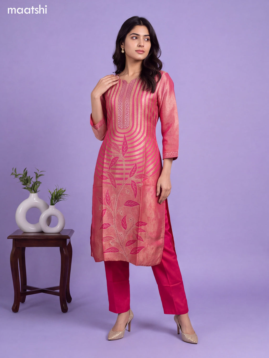 Rani Pink Tissue Embroidery Work & Banarasi Style Straight Suit