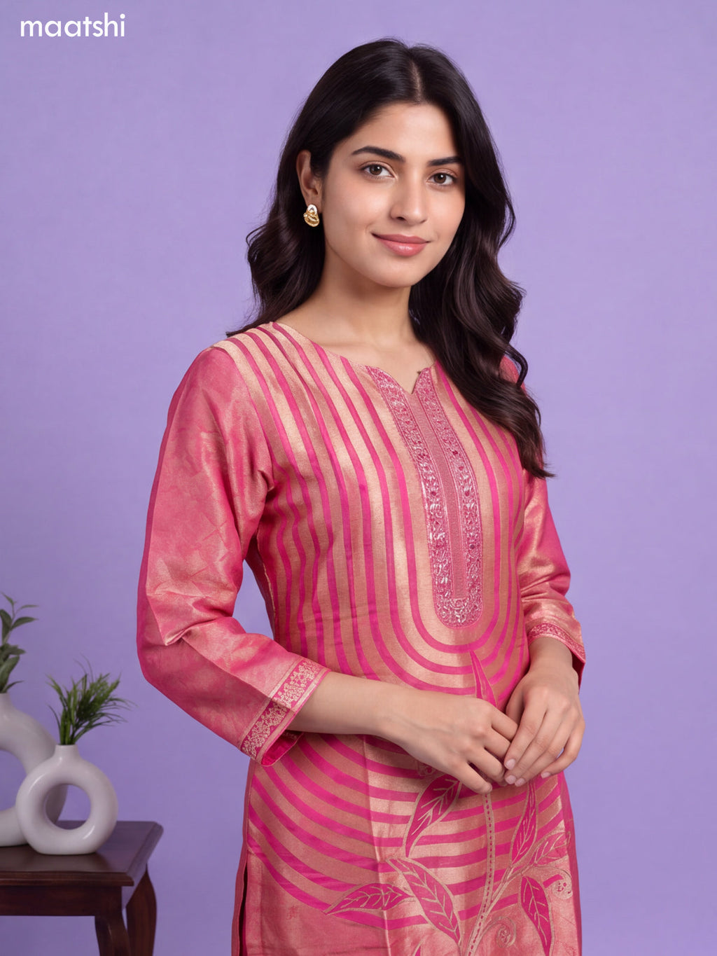 Rani Pink Tissue Embroidery Work & Banarasi Style Straight Suit