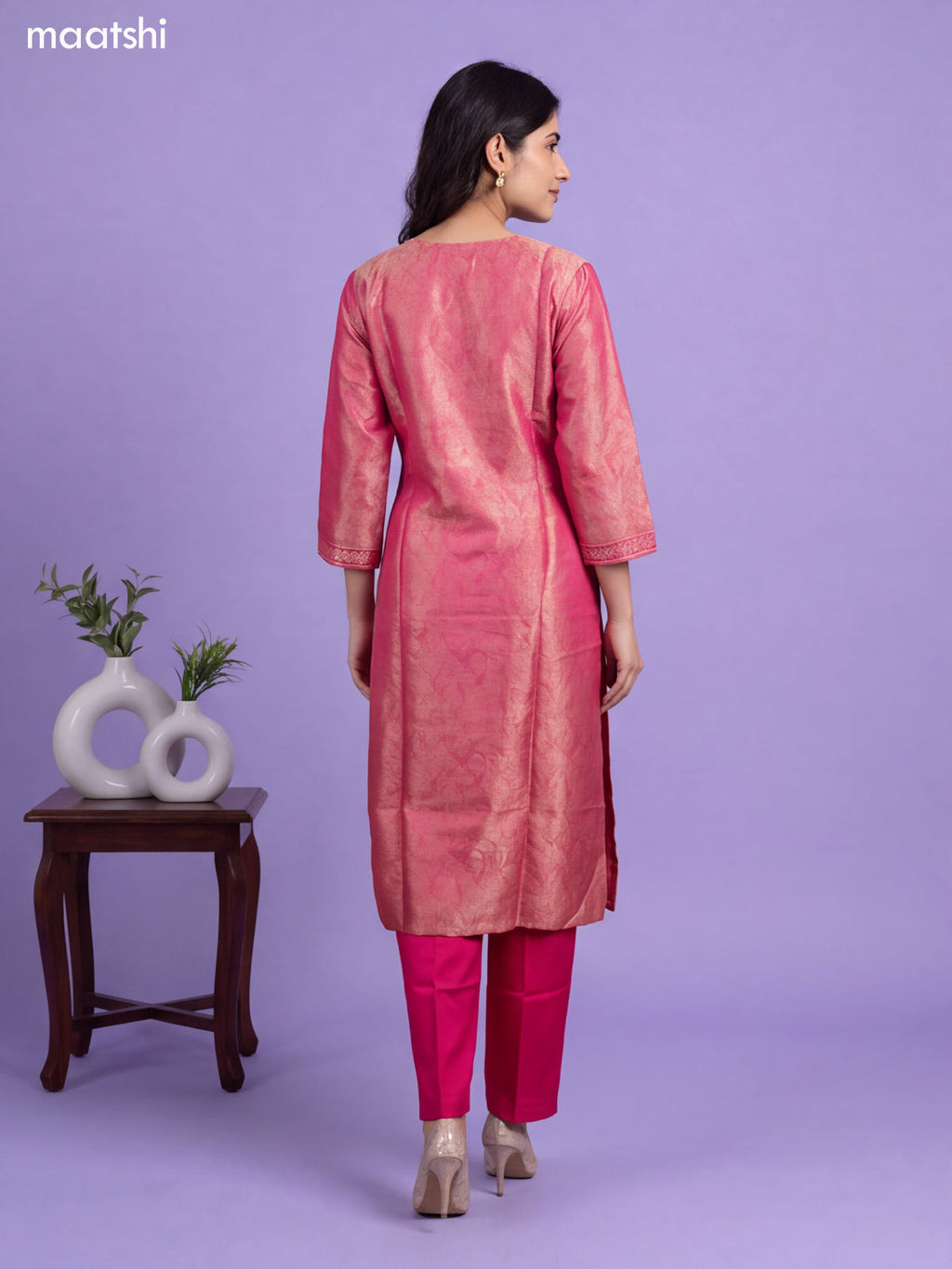 Rani Pink Tissue Embroidery Work & Banarasi Style Straight Suit