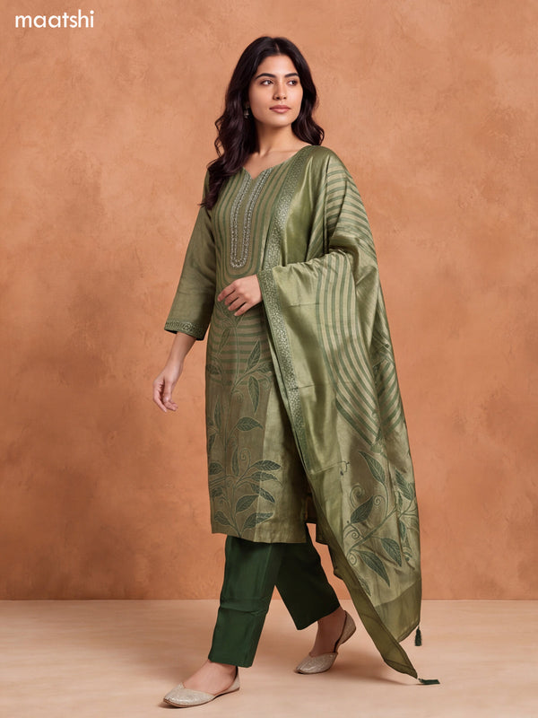Sap Green Tissue Embroidery Work & Banarasi Style Straight Suit