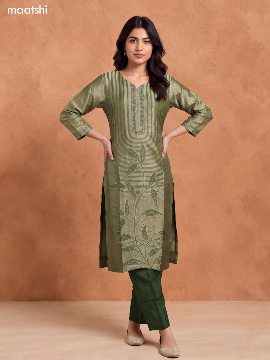 Sap Green Tissue Embroidery Work & Banarasi Style Straight Suit