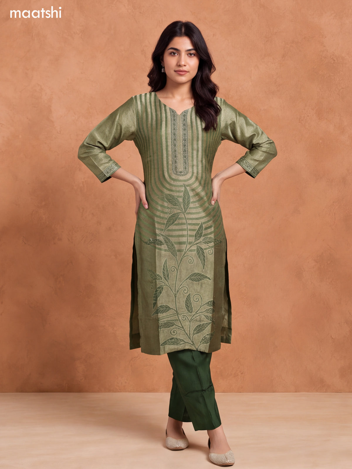 Sap Green Tissue Embroidery Work & Banarasi Style Straight Suit