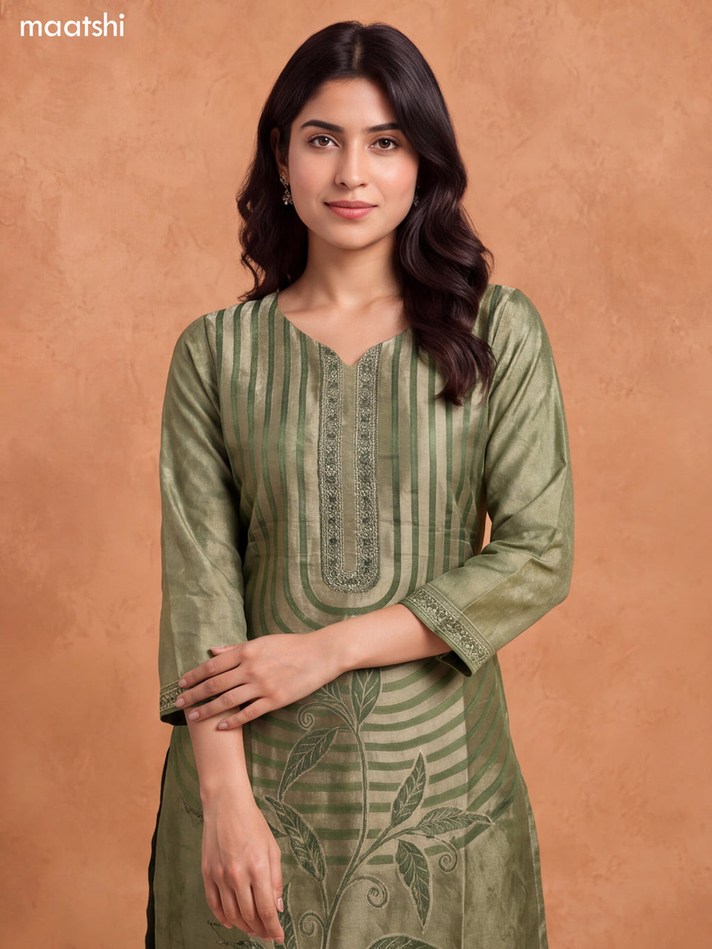 Sap Green Tissue Embroidery Work & Banarasi Style Straight Suit