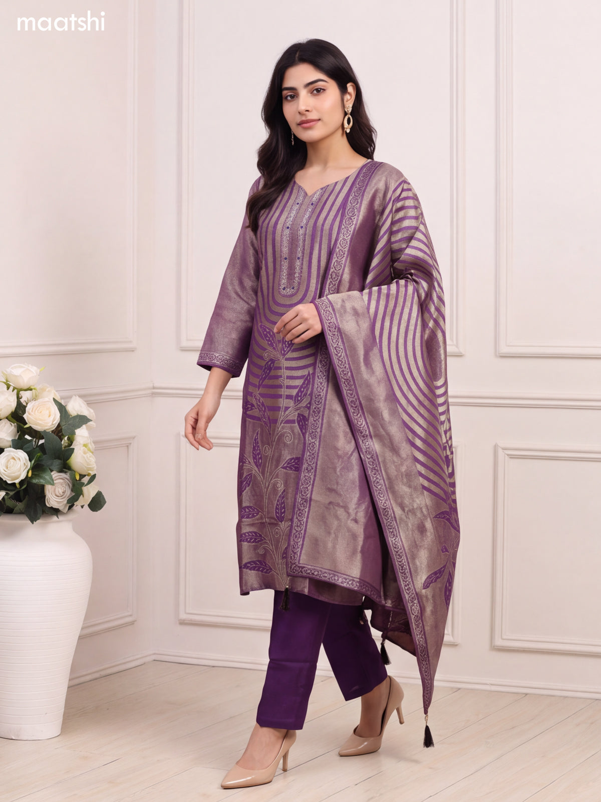 Violet Tissue Embroidery Work & Banarasi Style Straight Suit
