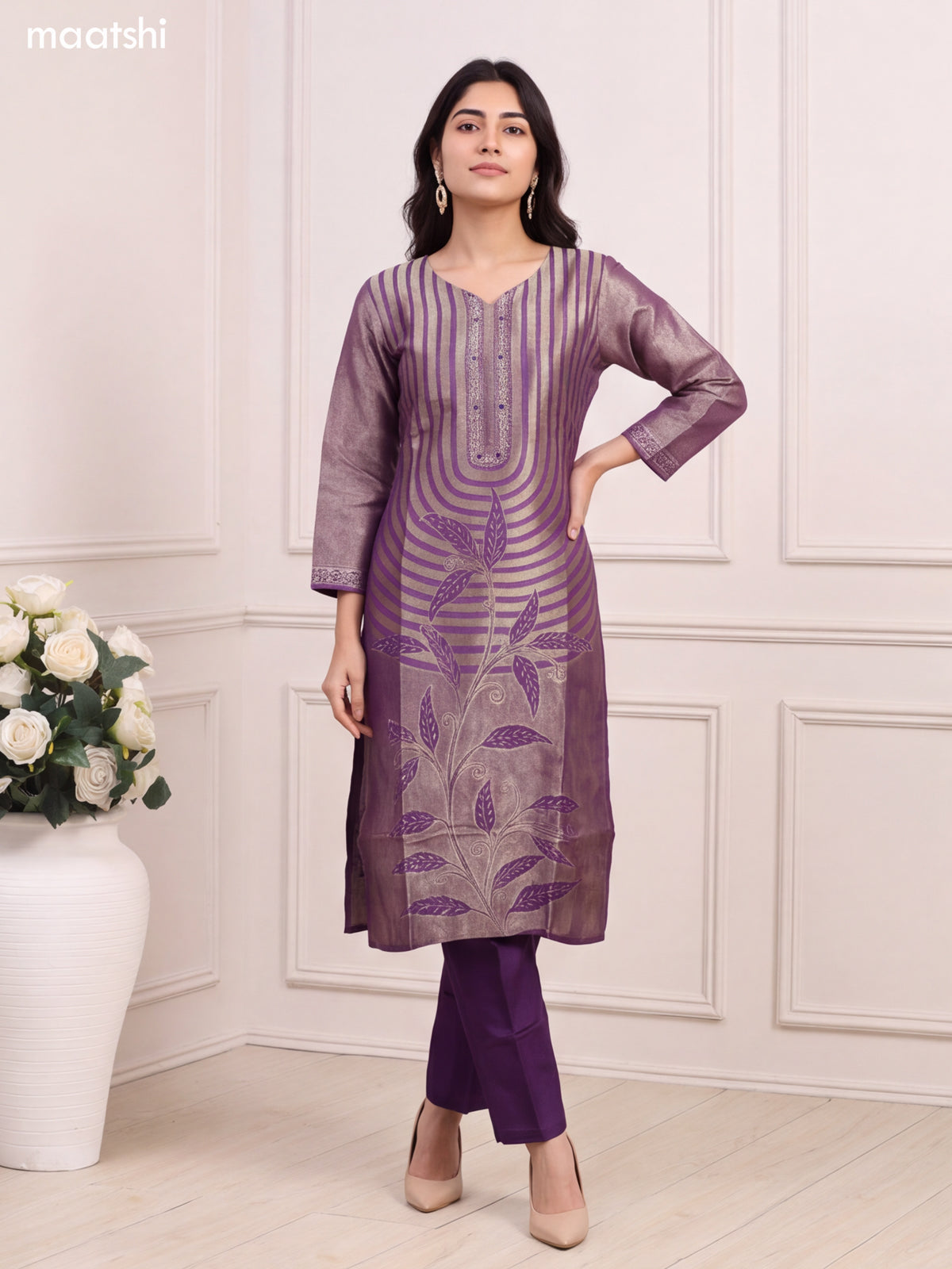 Violet Tissue Embroidery Work & Banarasi Style Straight Suit