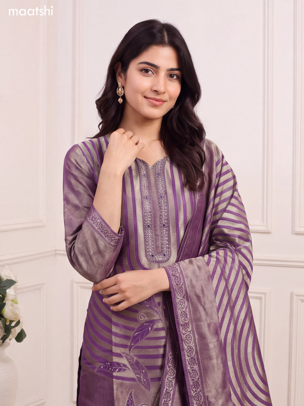 Violet Tissue Embroidery Work & Banarasi Style Straight Suit