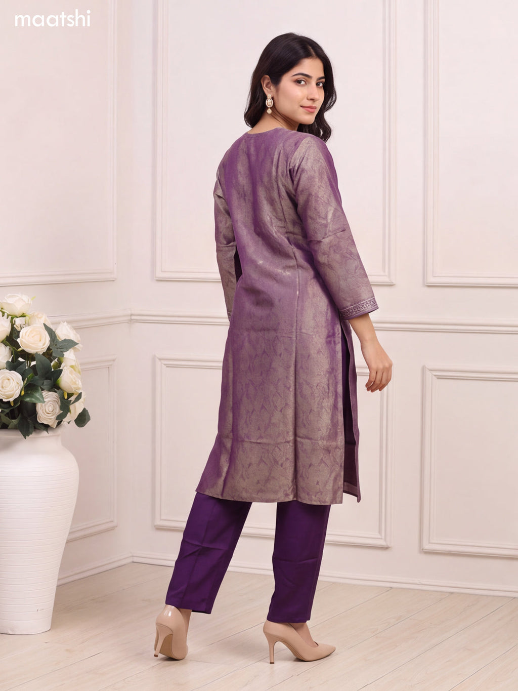 Violet Tissue Embroidery Work & Banarasi Style Straight Suit