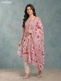 Biege and Red Crepe Silk Floral Prints & Embroidery Work Straight Suit