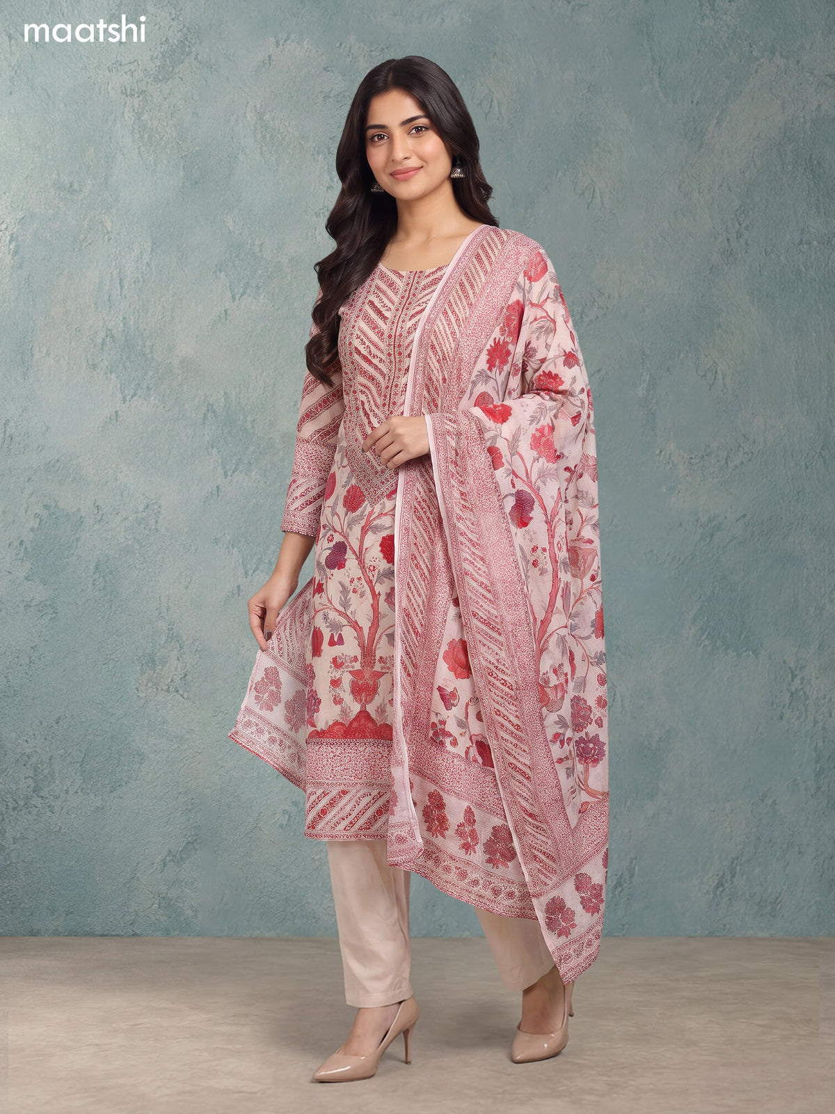 Biege and Red Crepe Silk Floral Prints & Embroidery Work Straight Suit