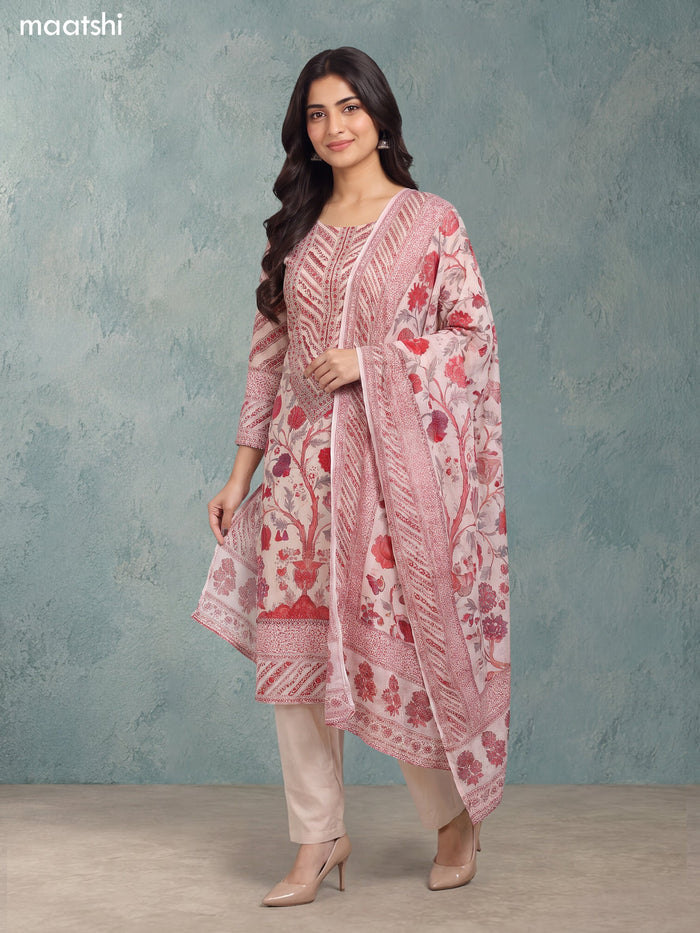 Biege and Red Crepe Silk Floral Prints & Embroidery Work Straight Suit