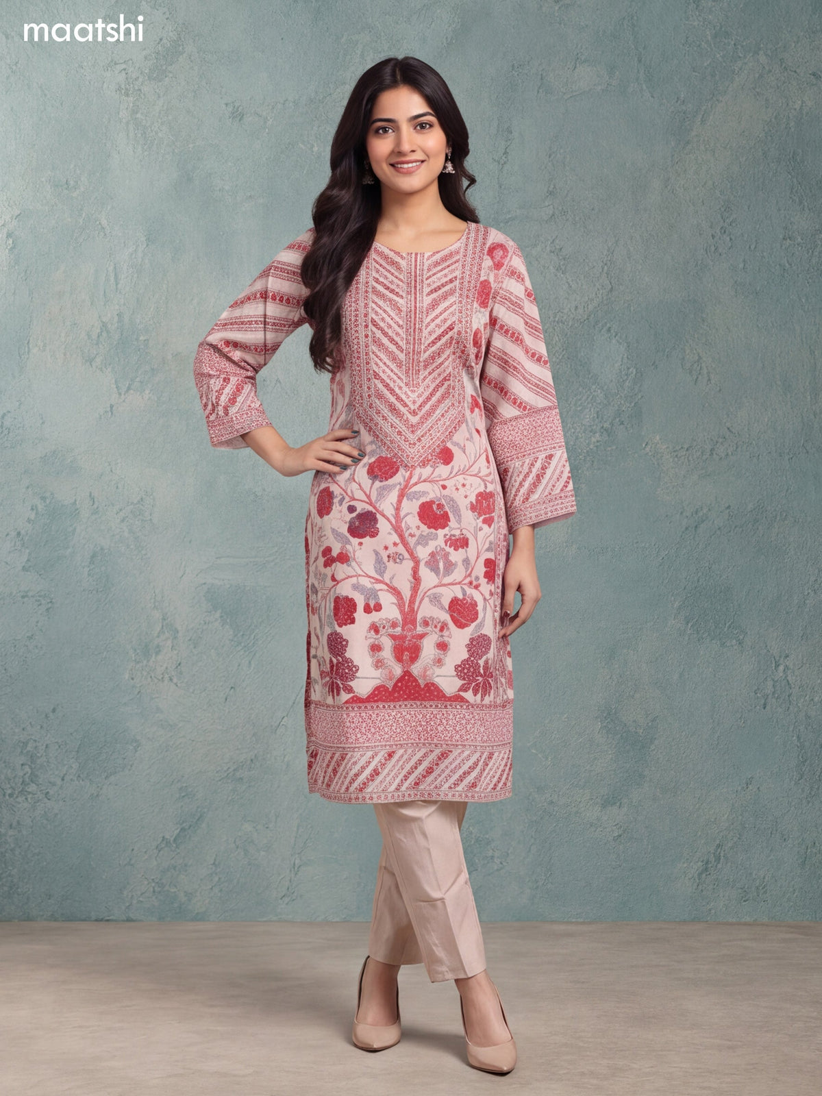 Biege and Red Crepe Silk Floral Prints & Embroidery Work Straight Suit
