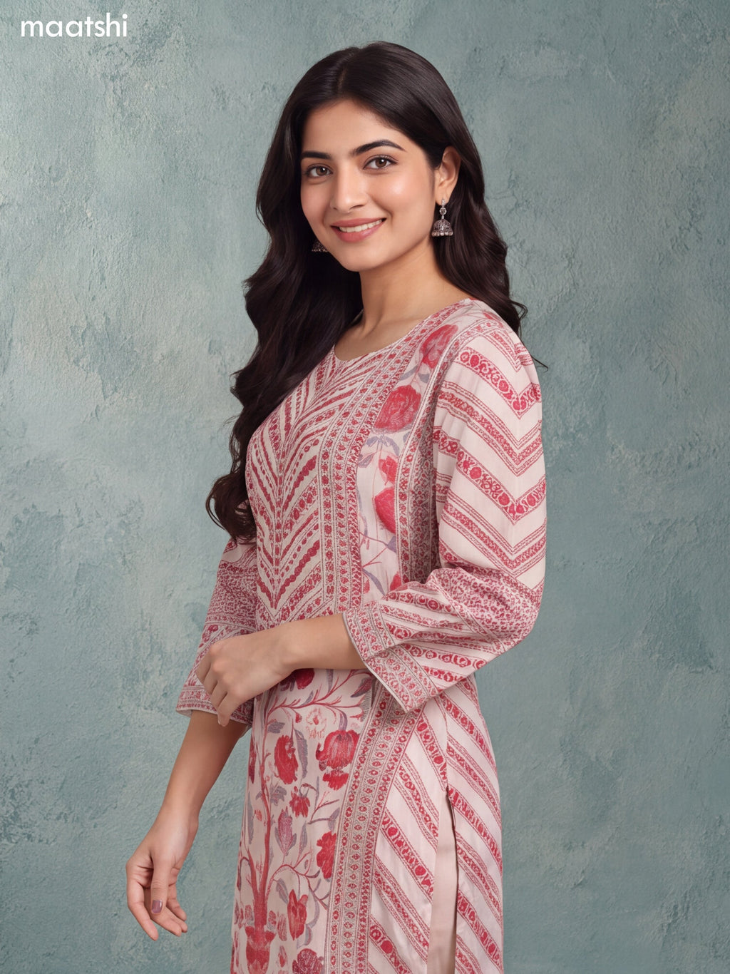 Biege and Red Crepe Silk Floral Prints & Embroidery Work Straight Suit