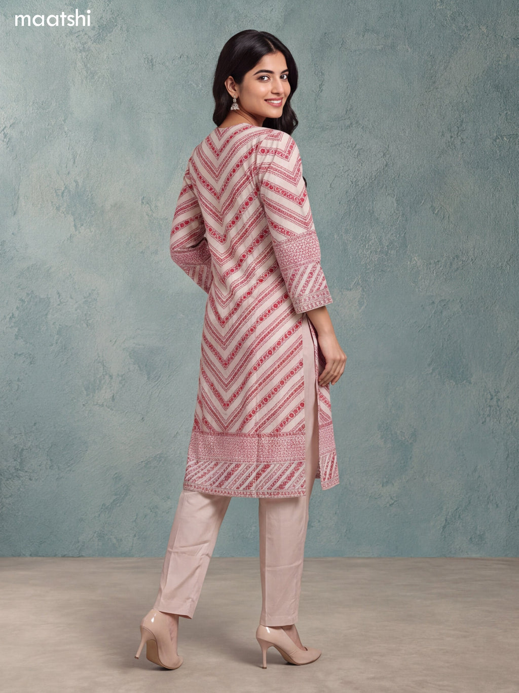 Biege and Red Crepe Silk Floral Prints & Embroidery Work Straight Suit