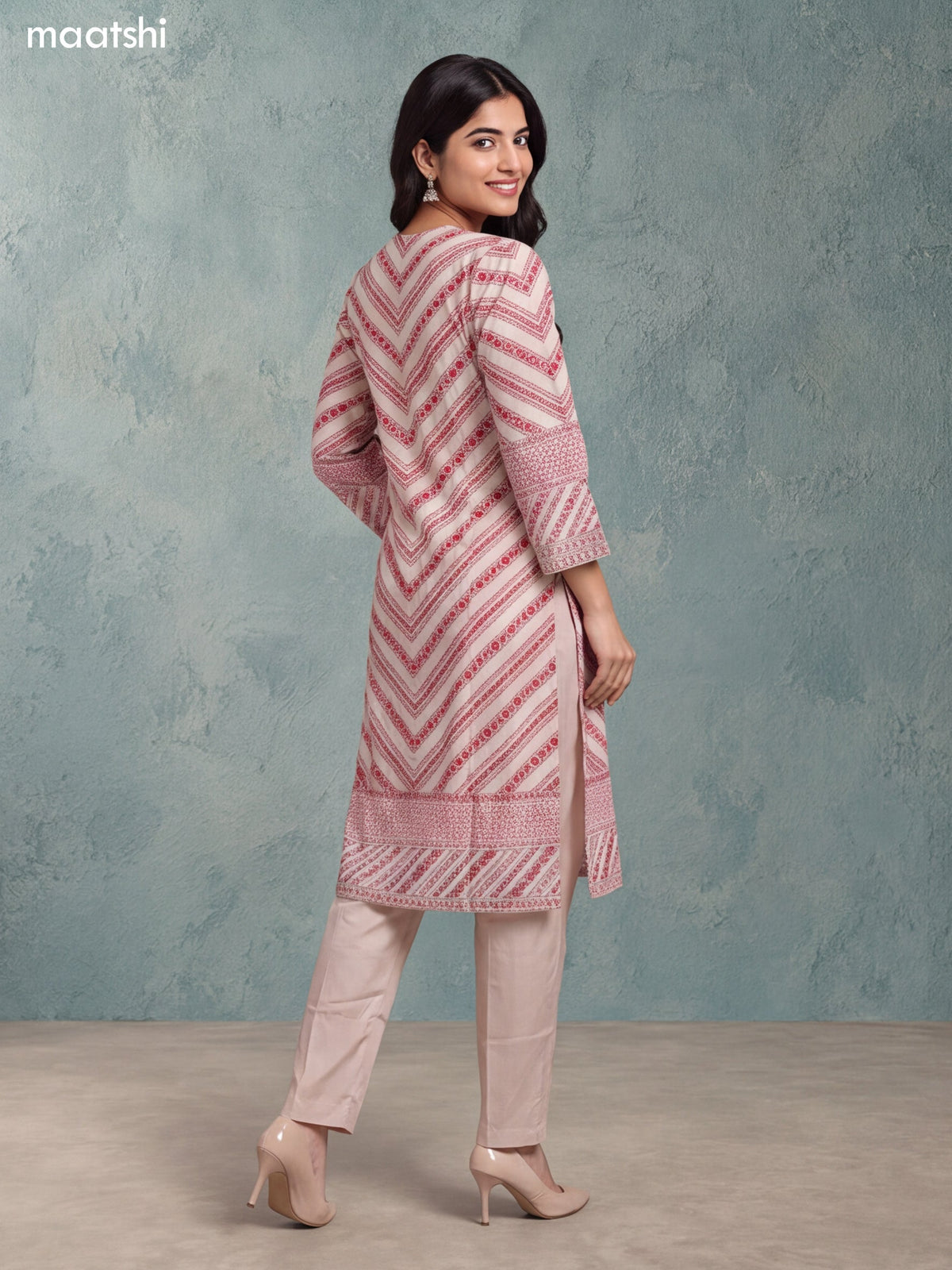 Biege and Red Crepe Silk Floral Prints & Embroidery Work Straight Suit