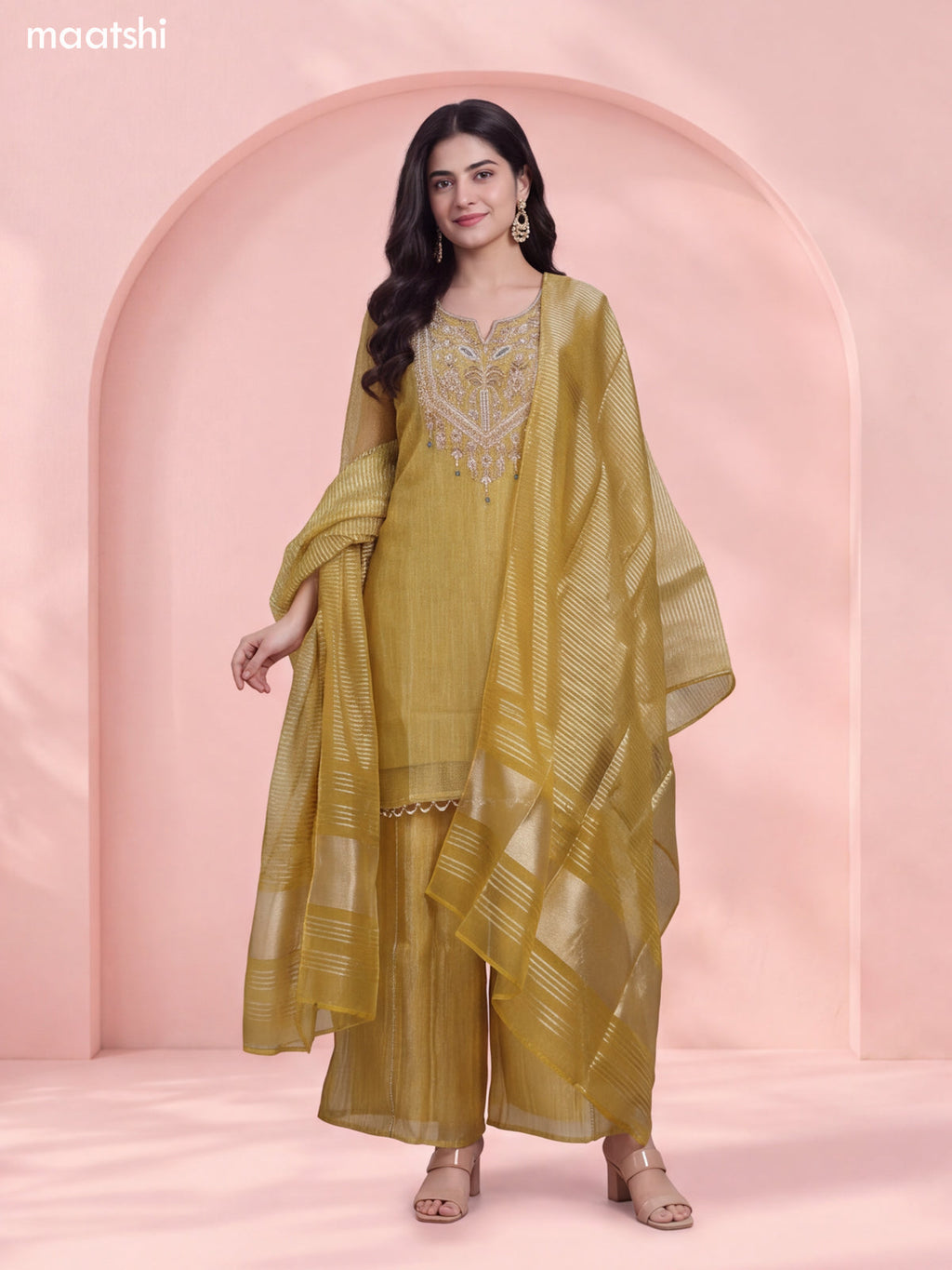 Mehendi Green Tissue Heavy Embroidery Work Neck Pattern Short Straight Suit
