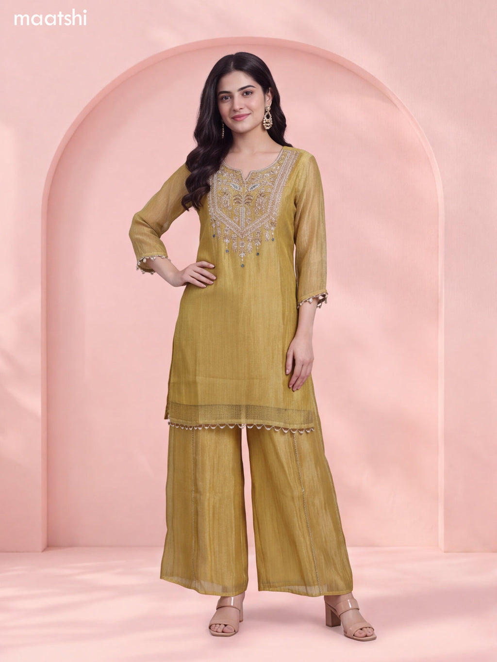 Mehendi Green Tissue Heavy Embroidery Work Neck Pattern Short Straight Suit