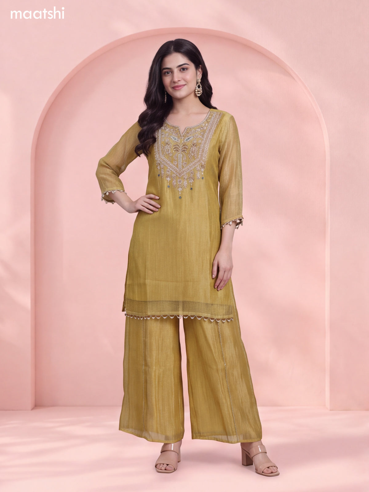 Mehendi Green Tissue Heavy Embroidery Work Neck Pattern Short Straight Suit