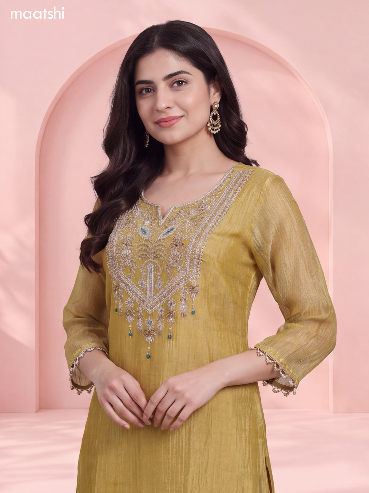 Mehendi Green Tissue Heavy Embroidery Work Neck Pattern Short Straight Suit