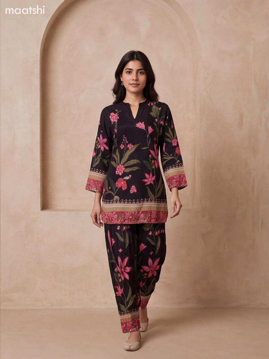 Black and Pink Crepe Silk Floral Prints & Embroidery Work Short Co Ord Set