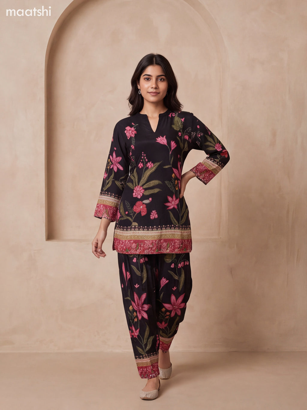 Black and Pink Crepe Silk Floral Prints & Embroidery Work Short Co Ord Set